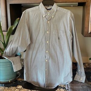 Nautica Searsucker Cotton Button Down Front Blue Striped Long Sleeve Mens Small